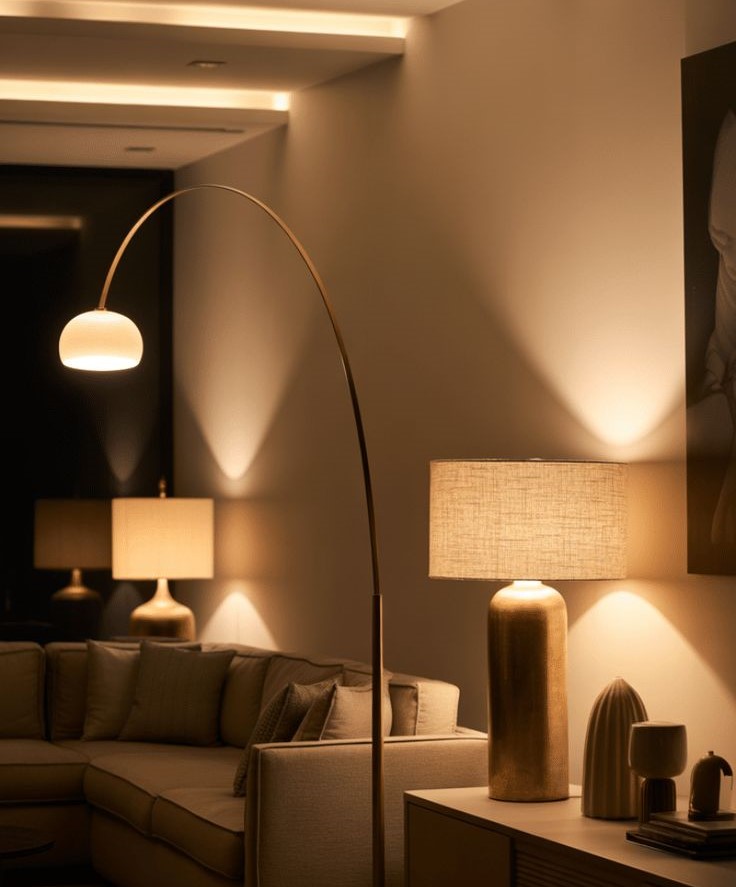 A room with layered warm lighting from a table lamp and floor lamp